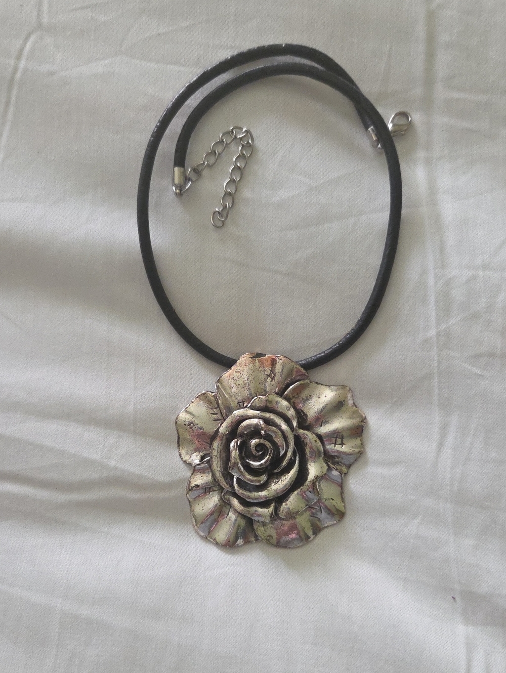 Vintage-Inspired Silver Rose Pendant Necklace - Black Cord